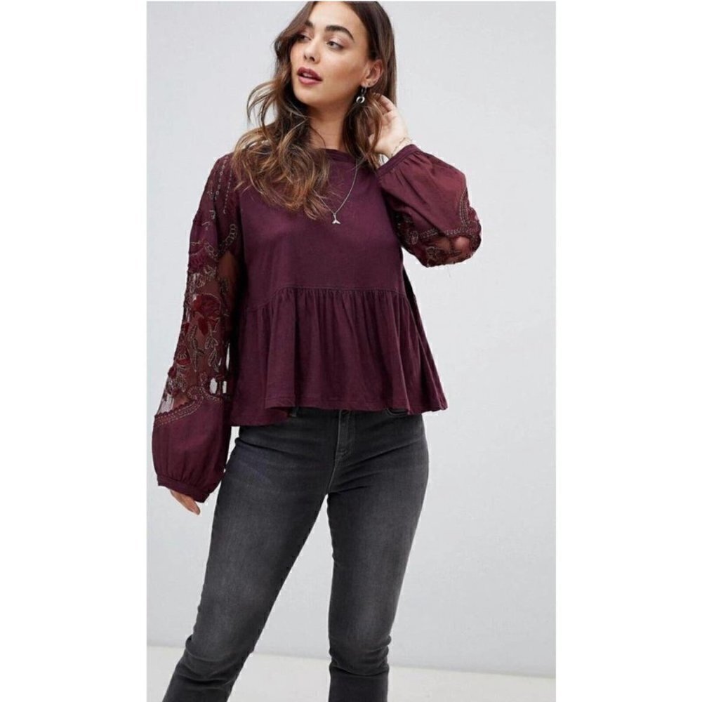 Free People Penny Peplum Embroidered Bohemian Top Size Medium